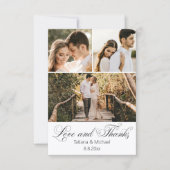 モダンチックカリグラフィー 3枚の写真の結婚式 サンキューカード (正面)