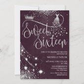 モダンチック バーガンディシルバー グリッター スウィート16 招待状 (正面)