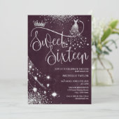 モダンチック バーガンディシルバー グリッター スウィート16 招待状 (スタンド正面)