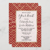 モダンチャイニーズレッド アートデコ幾何学パターン 招待状 (正面/裏面)