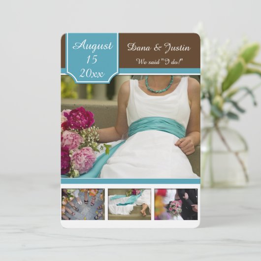 モダンティール（緑がかった色）とブラウンフォトコラージュのポスト結婚ズ 招待状 (スタンド正面)