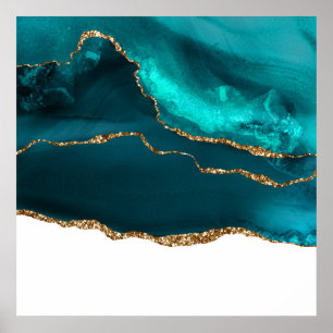 モダンティール(緑がかった色)と金ゴールドのAgate on White ポスター