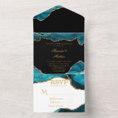 モダンティール(緑がかった色)と金ゴールドアガテ結婚石 オールインワン招待状 (内側)