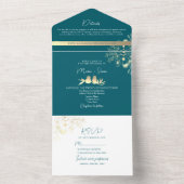 モダンティール(緑がかった色)と金ゴールド結婚 オールインワン招待状 (内側)