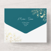 モダンティール(緑がかった色)と金ゴールド結婚 オールインワン招待状 (裏面)