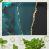 モダンティール（緑がかった色）アゲスタイリッシュートと金ゴールドリボンの黒 キッチンタオル (折り畳み)