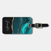 モダンティール（緑がかった色）アゲスタイリッシュートと金ゴールドリボンの黒 ラゲッジタグ (正面横)