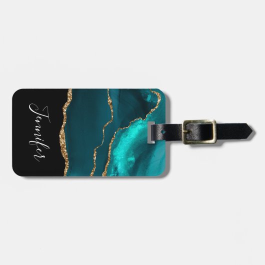 モダンティール（緑がかった色）アゲスタイリッシュートと金ゴールドリボンの黒 ラゲッジタグ (正面横)