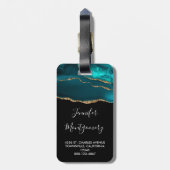 モダンティール（緑がかった色）アゲスタイリッシュートと金ゴールドリボンの黒 ラゲッジタグ (裏面縦)