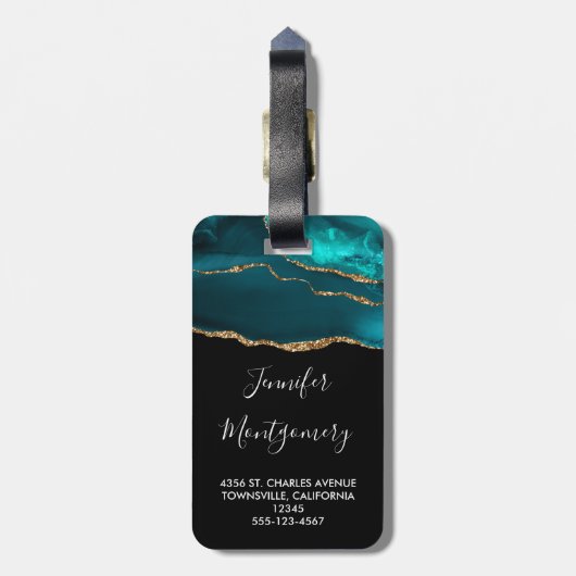 モダンティール（緑がかった色）アゲスタイリッシュートと金ゴールドリボンの黒 ラゲッジタグ (裏面縦)