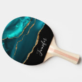 モダンティール（緑がかった色）アゲスタイリッシュートと金ゴールドリボンの黒 卓球ラケット (横)