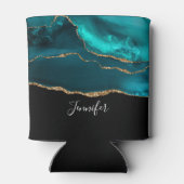 モダンティール（緑がかった色）アゲスタイリッシュートと金ゴールドリボンの黒 缶クーラー (裏面)