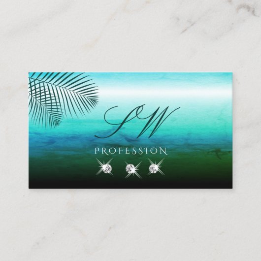 モダンティール（緑がかった色）ウォーターカラーパーム葉イニシャル 名刺 (正面)