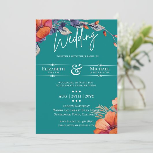 モダンティール（緑がかった色）オレンジのフローラ結婚式の招待 (スタンド正面)