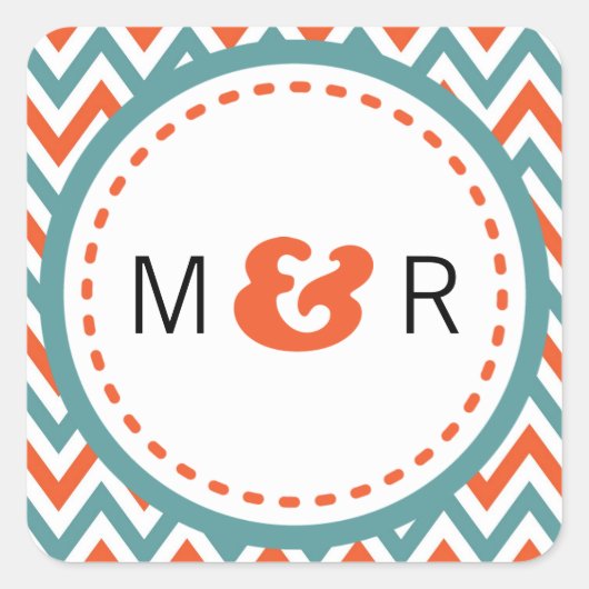 モダンティール（緑がかった色）&オレンジシェブロン&ロブバード結婚ズ スクエアシール (正面)