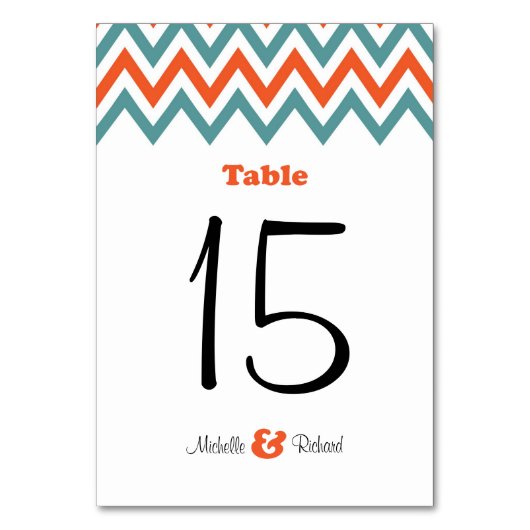 モダンティール（緑がかった色）&オレンジシェブロン&ロブバード結婚ズ テーブルナンバー (正面)