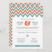 モダンティール（緑がかった色）&オレンジシェブロン&ロブバード結婚ズ 招待状 (正面/裏面)