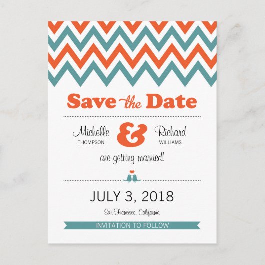 モダンティール（緑がかった色）&オレンジシェブロン&ロブバード結婚ズ 案内ポストカード (正面)