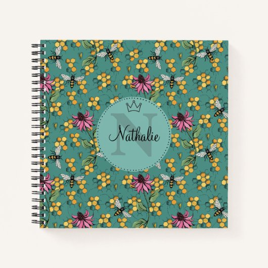 モダンティール（緑がかった色）クイーンビー&フラワーズモノグラフェミニンム ノートブック (正面)