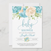 モダンティール(緑がかった色)·クリームフローラベビーシャワー 招待状 (正面)