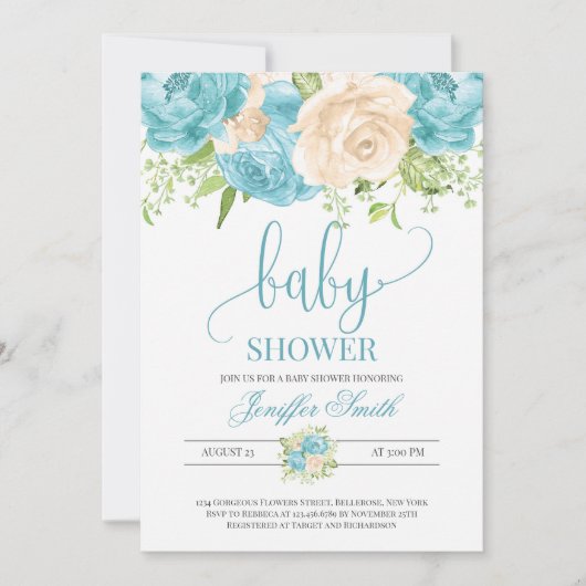 モダンティール(緑がかった色)·クリームフローラベビーシャワー 招待状 (正面)