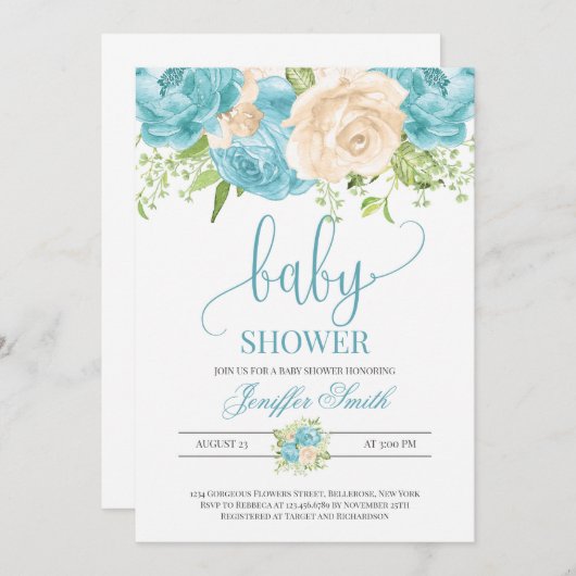 モダンティール(緑がかった色)·クリームフローラベビーシャワー 招待状 (正面/裏面)