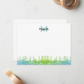 モダンティール(緑がかった色)グラデーショングリッタードライバスクリプモノグラムのト ノートカード (正面/裏面インサイチュ)