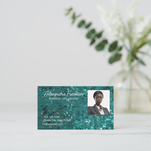 モダンティール（緑がかった色）グリッター写真テンプレート保険募集人 名刺 (スタンド正面)