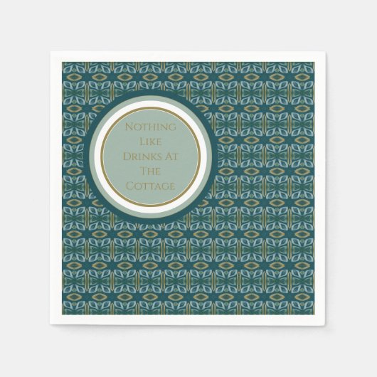 モダンティール（緑がかった色）グリーンと金ゴールドパターン（の模様が）ある スタンダードカクテルナプキン (正面)