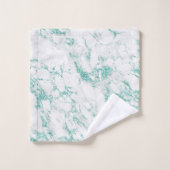 モダンティール（緑がかった色）グリーングリッター金属箔ホワイトマーブル バスタオルセット (ウォッシュタオル)