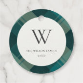 モダンティール(緑がかった色)グリーンブループレイドパターンモノグラム フェイバータグ (正面)