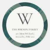 モダンティール（緑がかった色）グリーンブループレイドパターンモノグラム ラウンドシール (正面)