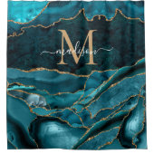 モダンティール(緑がかった色)グリーン金ゴールドアゲートモノグラムグラム シャワーカーテン (正面)