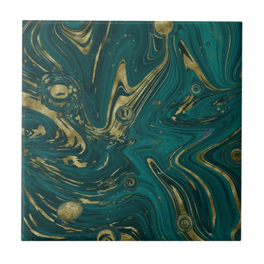 モダンティール（緑がかった色）グリーン&金ゴールドマーブル渦   タイル (正面)