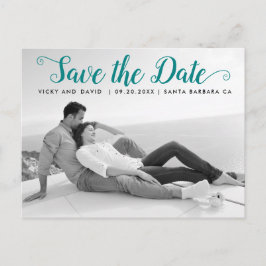 モダンティール（緑がかった色）スクリプト結婚式Date写真を保存 ポストカード