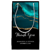 モダンティール（緑がかった色）スタイリッシュアゲート&金ゴールドリボンありがとう スモールペーパーバッグ (正面)