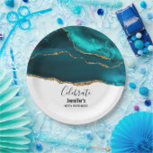 モダンティール（緑がかった色）スタイリッシュ&金ゴールドアゲートオンホワイト誕生日 ペーパープレート (パーティー)