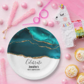 モダンティール（緑がかった色）スタイリッシュ&金ゴールドアゲートオンホワイト誕生日 ペーパープレート (パーティー)