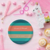 モダンティール(緑がかった色)ストライプブルーコーラル結婚ズ ペーパープレート (パーティー)