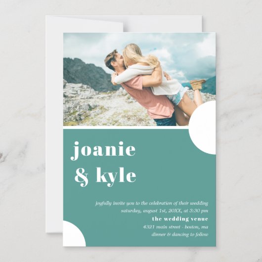 モダンティール（緑がかった色）タイポグラフィ結婚写真 マグネット招待状 (正面)