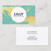 モダンティール（緑がかった色）ターコイズ金ゴールド絵を描（ばちゃばちゃ）跳ねるスプラッシュ 名刺 (正面/裏面)