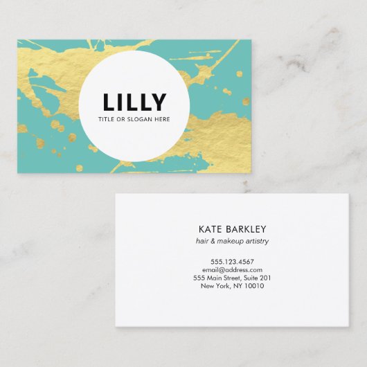 モダンティール（緑がかった色）ターコイズ金ゴールド絵を描（ばちゃばちゃ）跳ねるスプラッシュ 名刺 (正面/裏面)