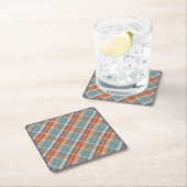 モダンティール(緑がかった色)ダークブルーオレンジホワイトプレイドパターン スクエアペーパーコースター (インサイチュ)