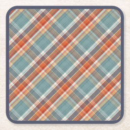 モダンティール（緑がかった色）ダークブルーオレンジホワイトプレイドパターン スクエアペーパーコースター