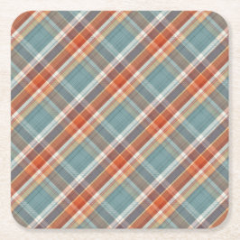 モダンティール（緑がかった色）ダークブルーオレンジホワイトプレイドパターン スクエアペーパーコースター