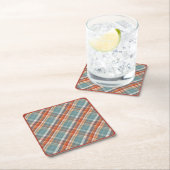 モダンティール（緑がかった色）ダークブルーオレンジホワイトプレイドパターン スクエアペーパーコースター (インサイチュ)