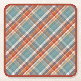 モダンティール（緑がかった色）ダークブルーオレンジホワイトプレイドパターン スクエアペーパーコースター