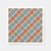 モダンティール(緑がかった色)ダークブルーオレンジホワイトプレイドパターン スタンダードカクテルナプキン (正面)