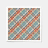 モダンティール（緑がかった色）ダークブルーオレンジホワイトプレイドパターン スタンダードカクテルナプキン (正面)