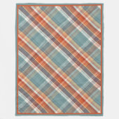 モダンティール(緑がかった色)ダークブルーオレンジホワイトプレイドパターン フリースブランケット (正面)